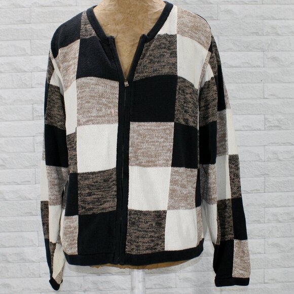 VINTAGE 220 HICKORY Cardigan Sweater Front Zip Patchwork Black White Tan Medium - Picture 1 of 13